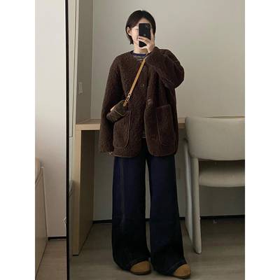 咖色皮毛一体羊羔毛外套女2025秋冬季新款小个子韩系高级感羊羔绒