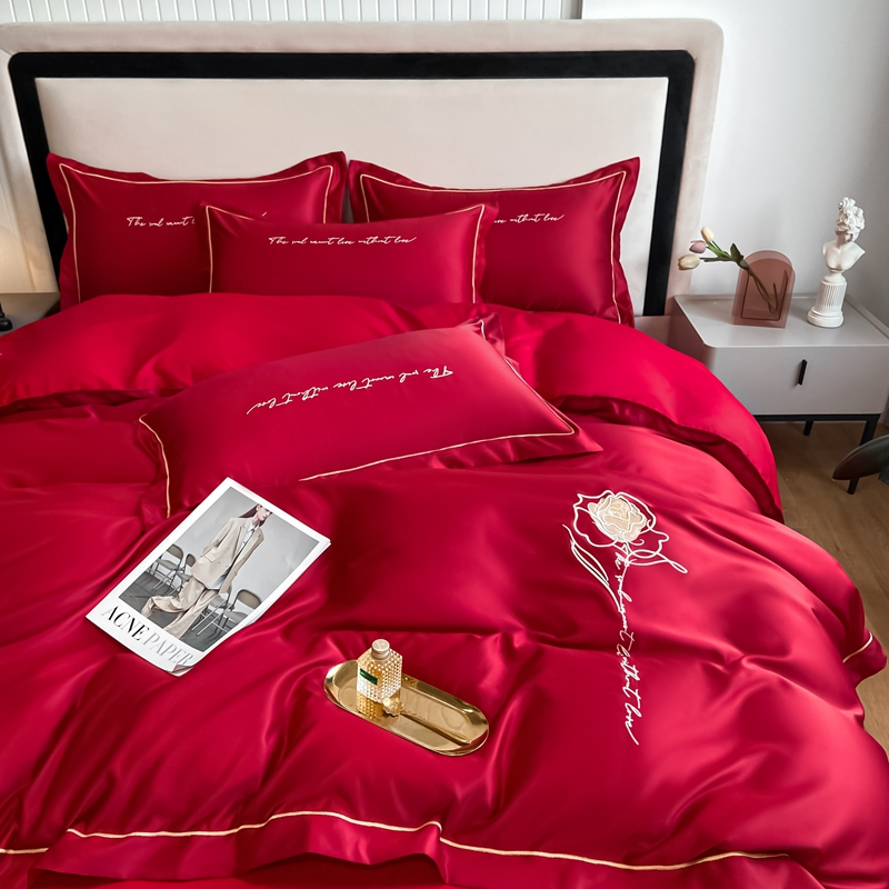 浪漫玫瑰刺锈全棉婚庆四件套大红色被套床单N纯棉床笠结婚床上用