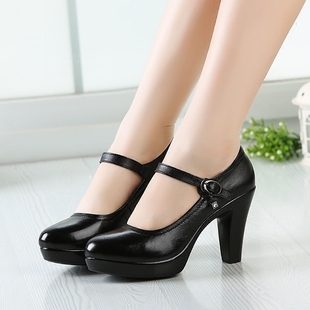 粗跟防水台女鞋 9cm真皮高跟鞋 浅口圆头走秀演出鞋 女大码 春秋单鞋