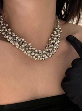 新款月牙双链条夸张球球流苏项链女时尚气质叠戴锁骨链毛衣链配饰