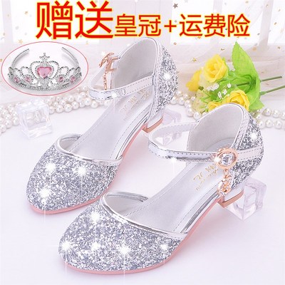 儿童公主鞋高跟凉鞋女孩水晶鞋时尚新款女童皮鞋女学生银色演出鞋