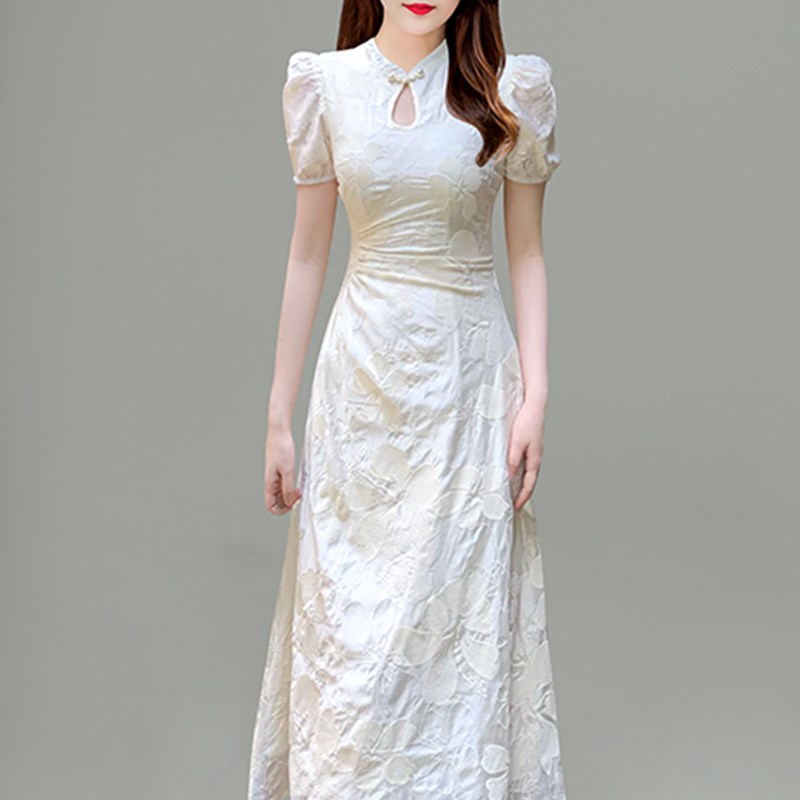 轻国风重工新中式连衣裙女夏提花裙子收腰显瘦改良旗袍裙白色长裙