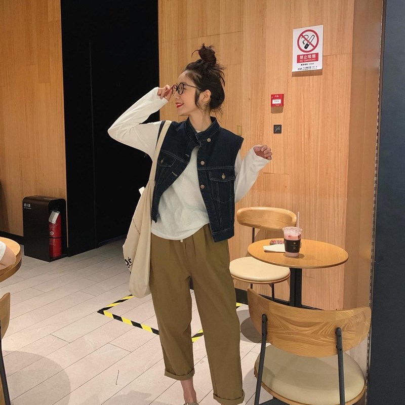 徐蹦蹦 复古又有j型立领牛仔马甲 日系秋季百搭宽松短外套马夹背