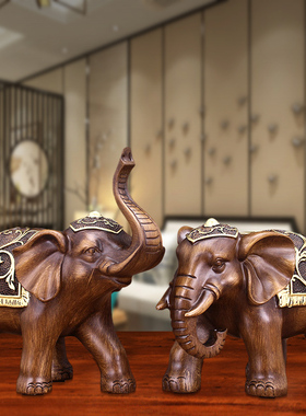 家居客厅电视酒柜博古架小装饰品摆件招财镇宅大象一对木质新中式