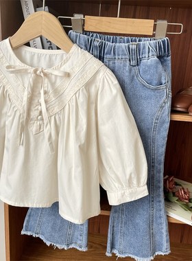 2024春秋百搭女童宝宝儿童毛边浅蓝牛仔裤喇叭裤修身裤子洋气小童