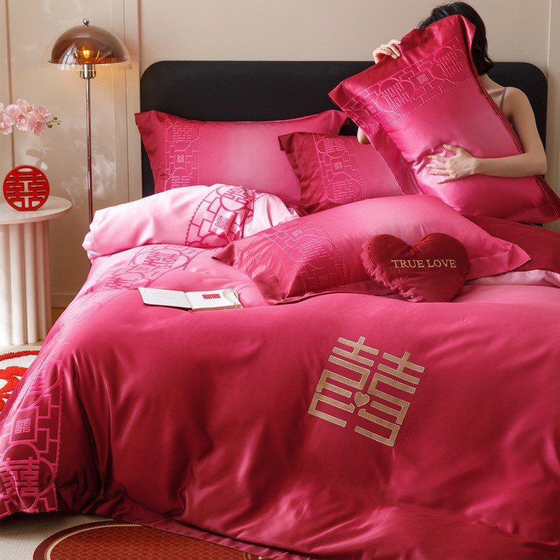 中式高级感婚庆四件套渐变红色结婚纯棉被套床单新婚喜被床上用品
