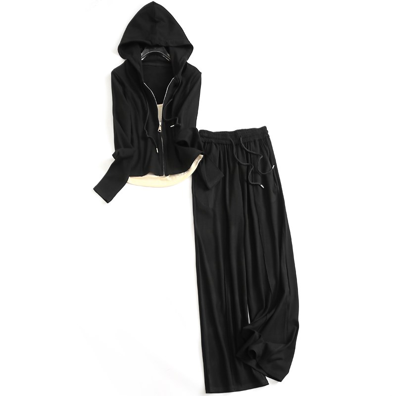 棉麻软糯显瘦修身连帽长袖针织卫衣宽松阔腿裤一套装女两件套J701