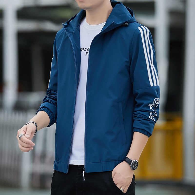 春秋休闲条纹夹克连帽外套男茄克风衣青少M年棒球服工装上衣加大