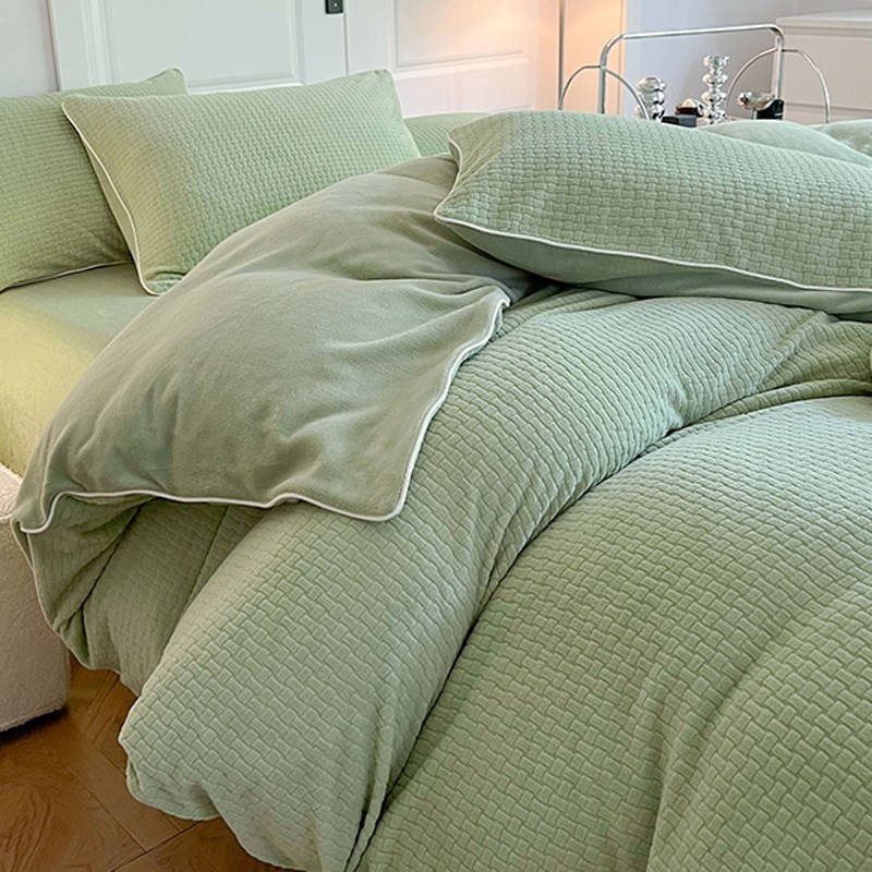 冬季珊瑚法兰绒面床上四件套加绒床品床笠双面加厚牛奶绒被套床单