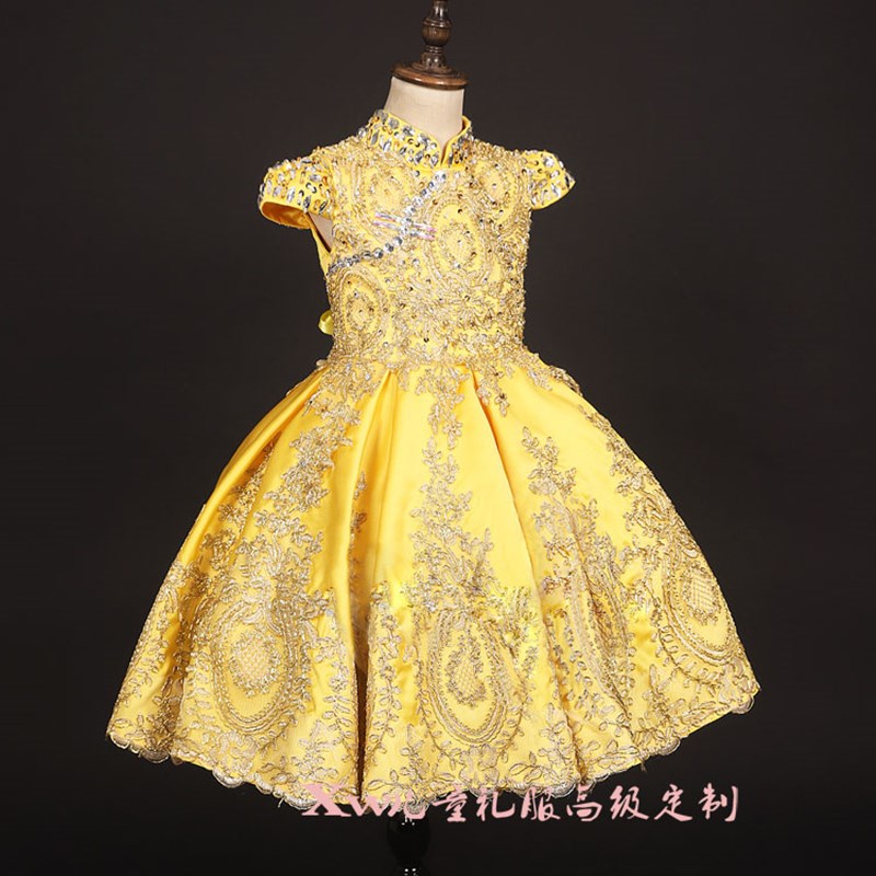 儿童主持人礼服女表演连衣裙公主洋气婚纱裙金色短款高端走秀春夏
