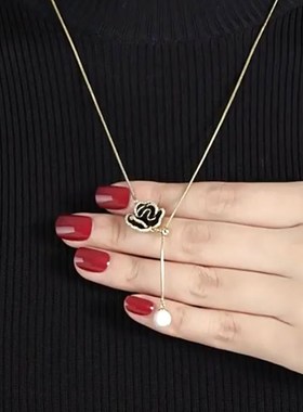 百搭时尚黑色玫瑰花项链珍珠小众设计感轻奢滴釉潮个性气质锁骨链