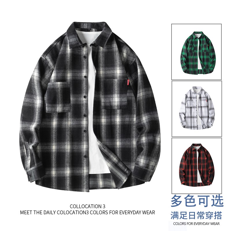 24新款港风男士长袖衬衫春夏季日系宽格子松衬衣外套
