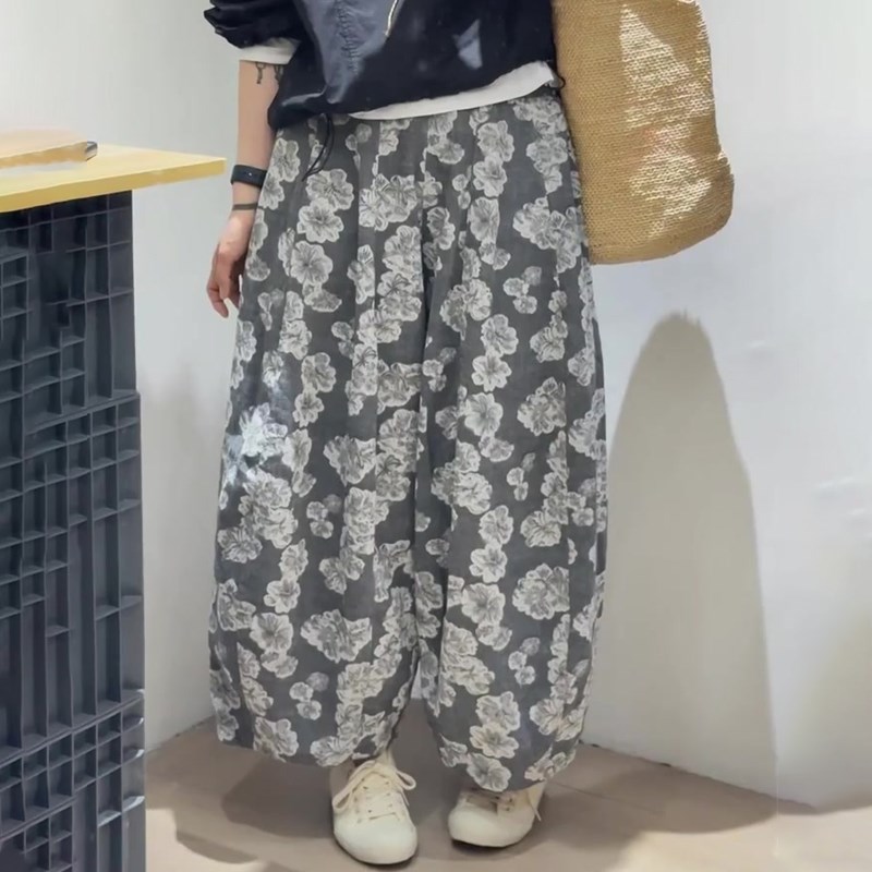 灰色印花大码宽松休闲裤女2025年夏季新款小个子显瘦通勤百搭裤子