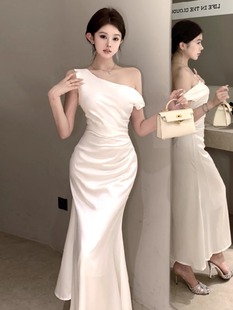 法式 高级感鱼尾晚礼服长裙 气质御姐性感斜肩缎面荡领连衣裙女夏季