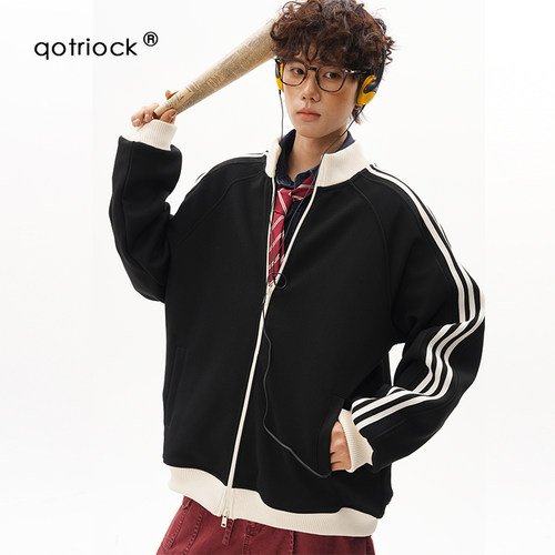 QOTRIOCK美式三条杠撞色立领卫衣
