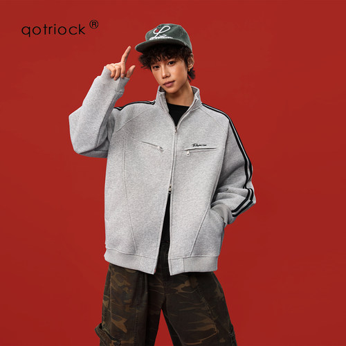 QOTRIOCK美式复古三条杠立领夹克