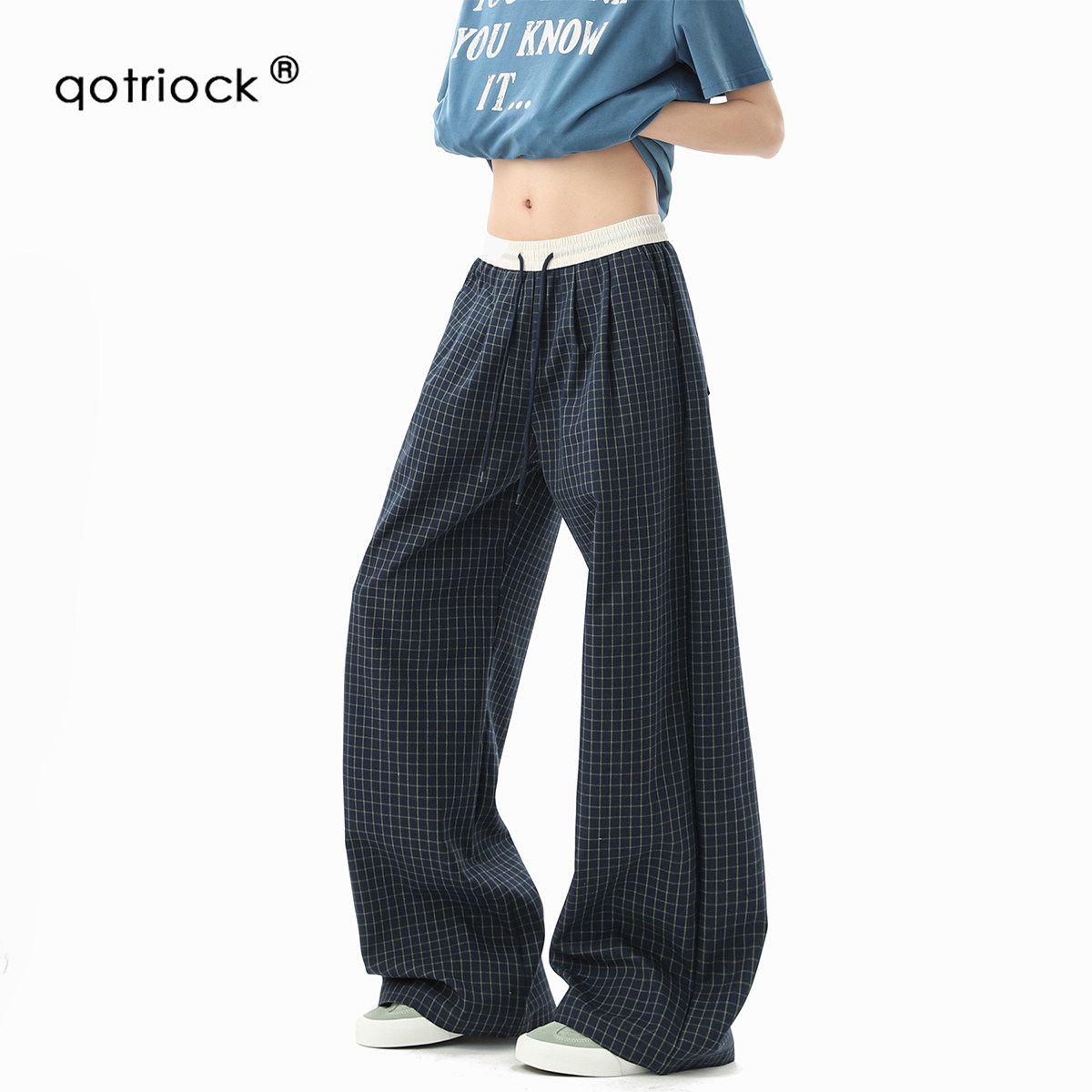 QOTRIOCK美式藏青色格子休闲裤男图片