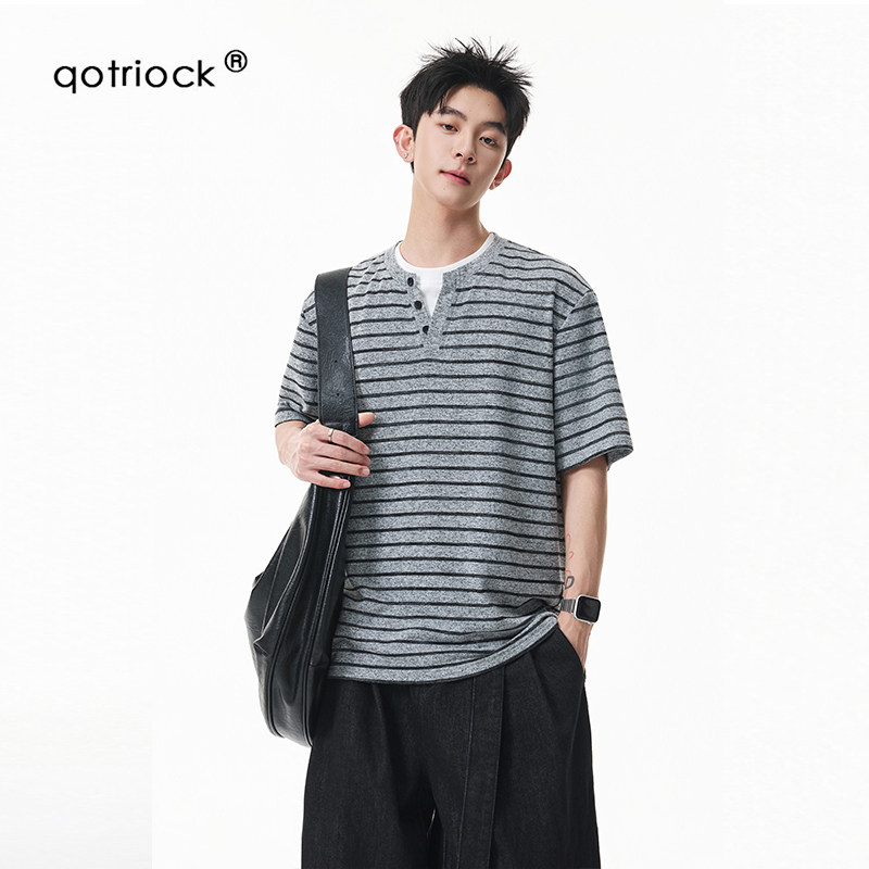 QOTRIOCK美式复古假两件条纹短袖图片