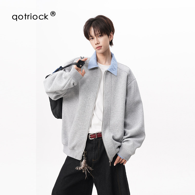 QOTRIOCK美式格纹撞色开衫卫衣男图片