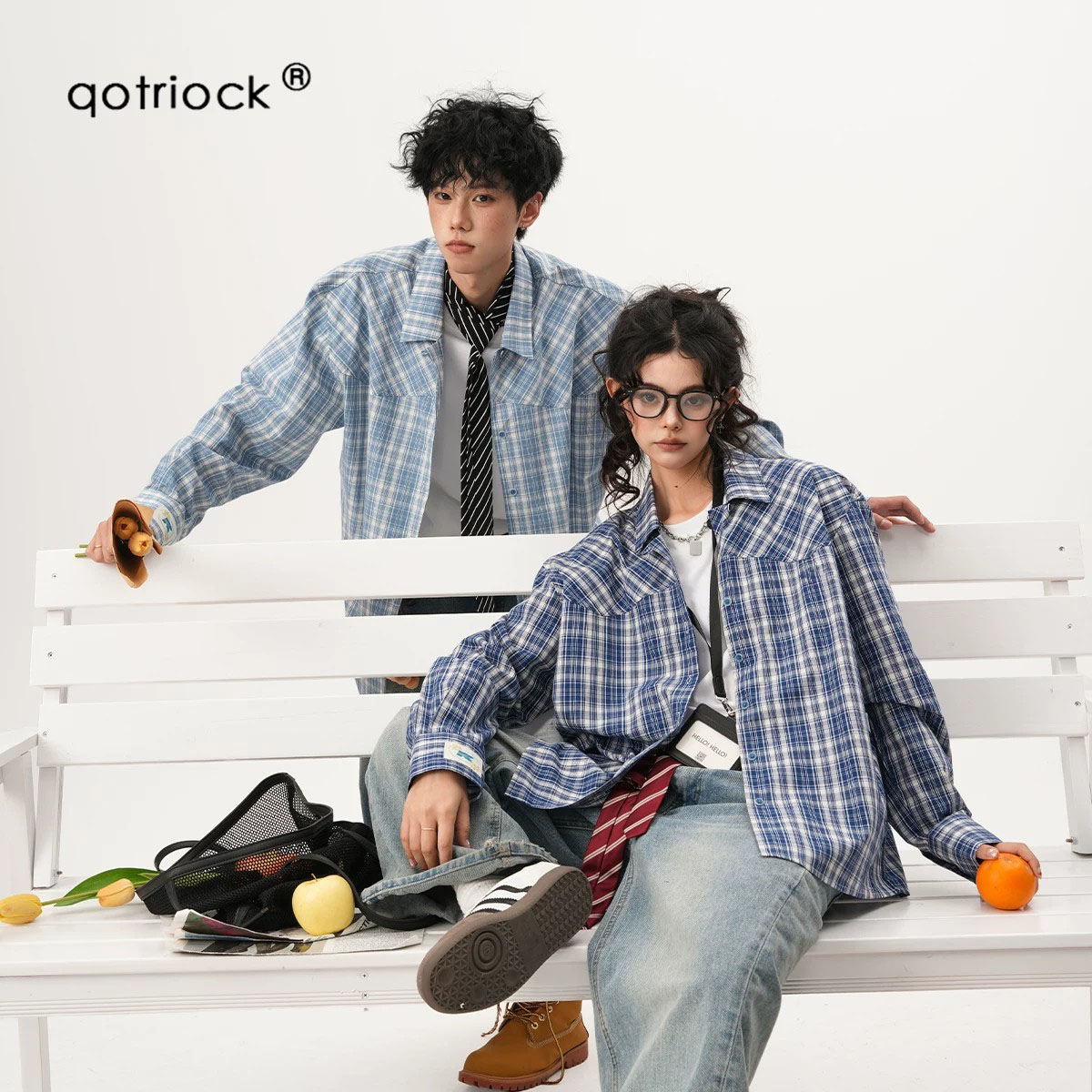 QOTRIOCK蓝色少年感格纹衬衫外套图片