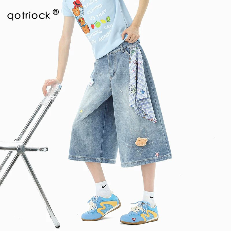 QOTRIOCK星星格纹方巾牛仔七分裤图片