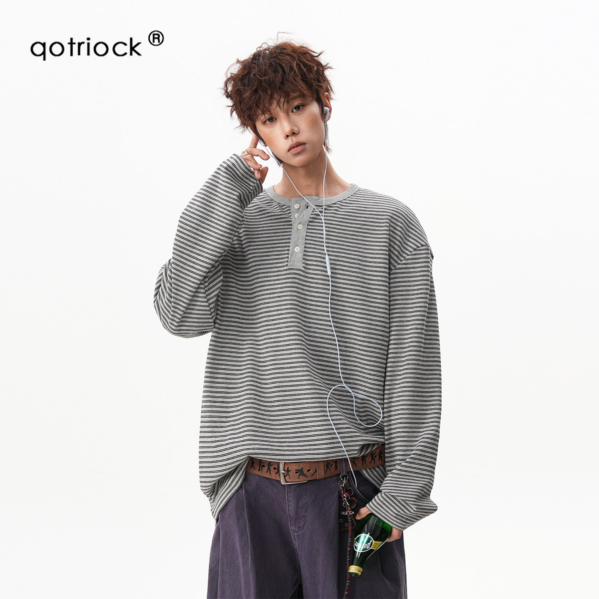 QOTRIOCK春季复古条纹亨利领长袖图片