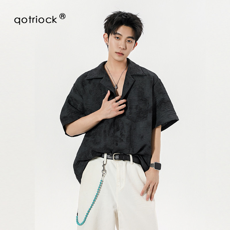 QOTRIOCK老钱风古巴领扎染短袖男图片