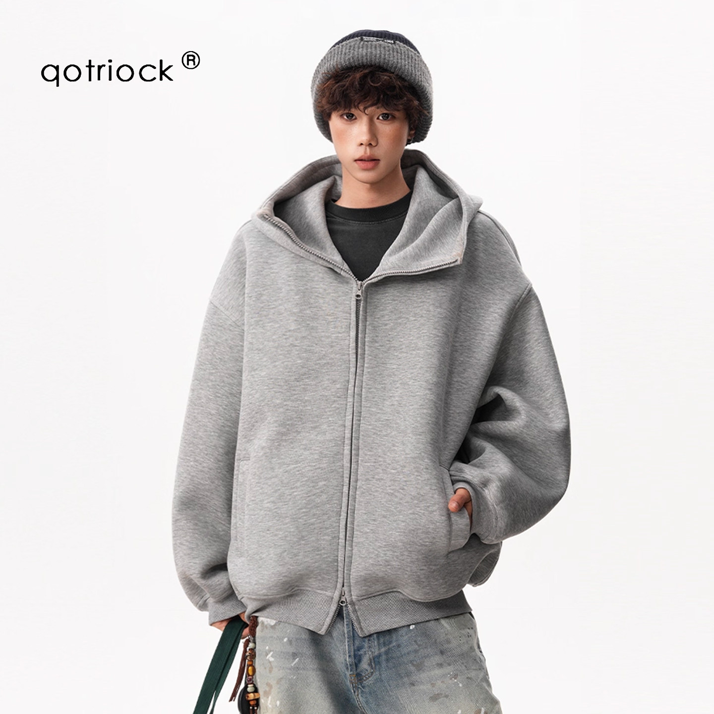 QOTRIOCK潮牌加绒空气层连帽卫衣图片