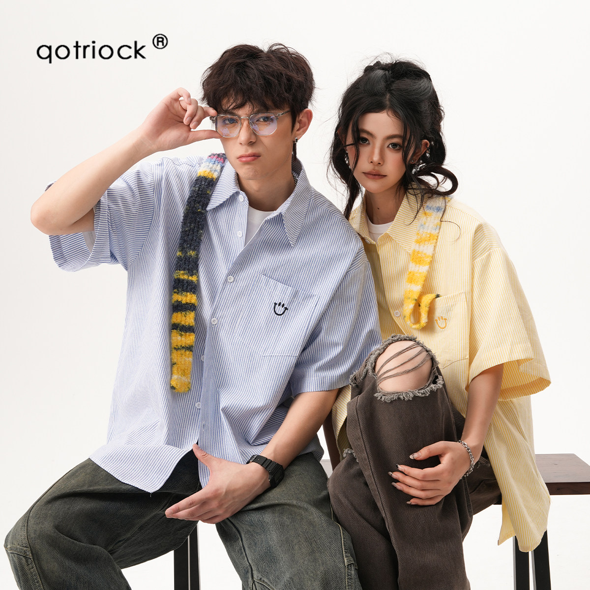 QOTRIOCK美式笑脸刺绣短袖衬衫男图片