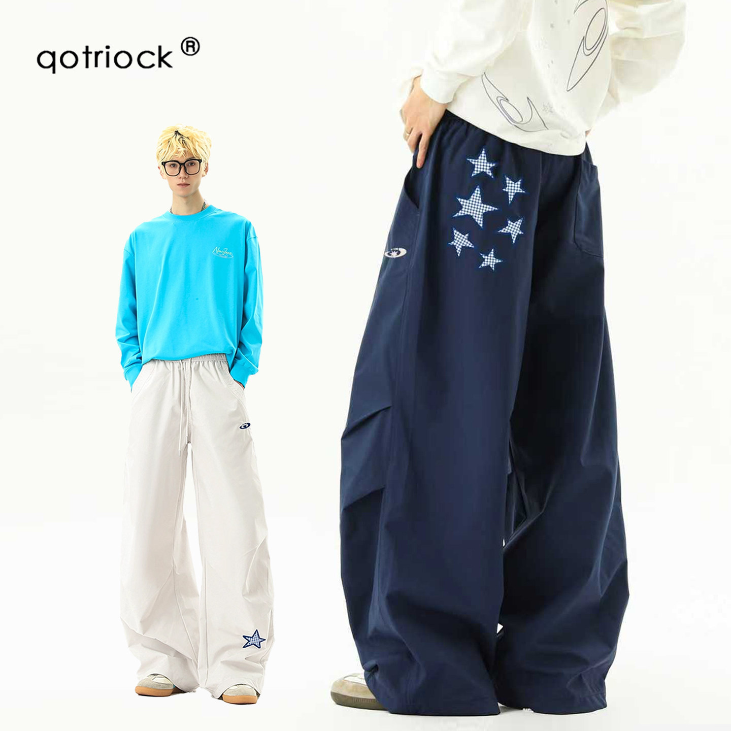 QOTRIOCK星星贴布褶皱伞兵休闲裤图片