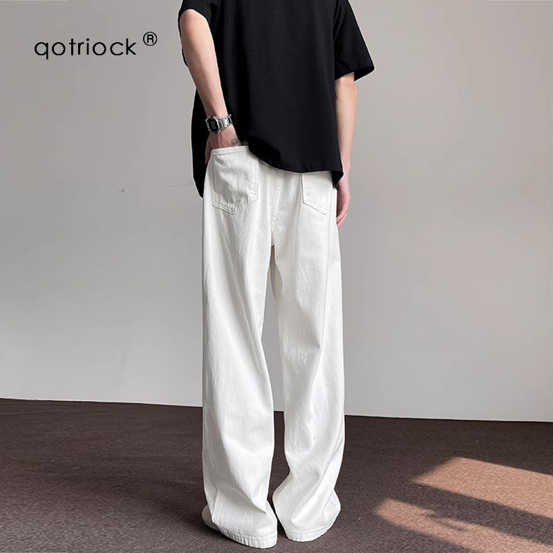 QOTRIOCK美式复古白色牛仔裤男女图片