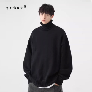 QOTRIOCK高领毛衣男冬季宽松纯色加绒加厚保暖情侣针织打底衫线衣