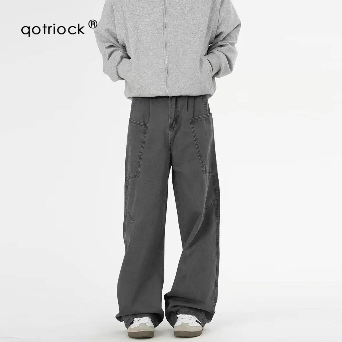 QOTRIOCK美式复古军绿色牛仔裤男图片