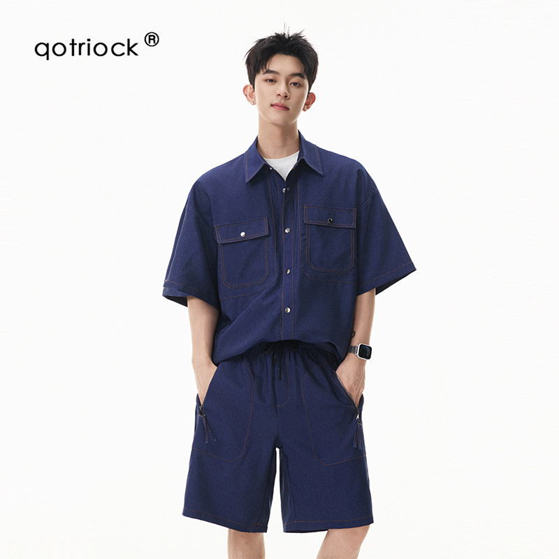 QOTRIOCK牛仔冰丝感衬衫短袖套装图片