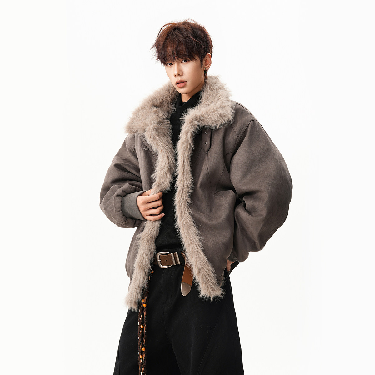 thumbnail for Retro old mountain carving deconstructs fur collar cotton clothes for men and women, winter high-end warmth and thickened couple cotton jackets
