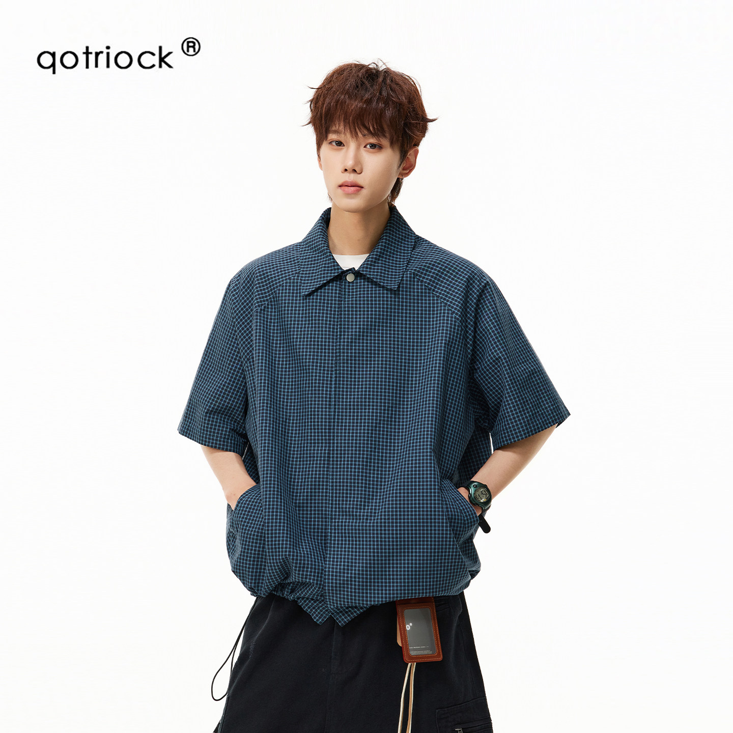 QOTRIOCK美式蓝格收褶短袖衬衫男图片