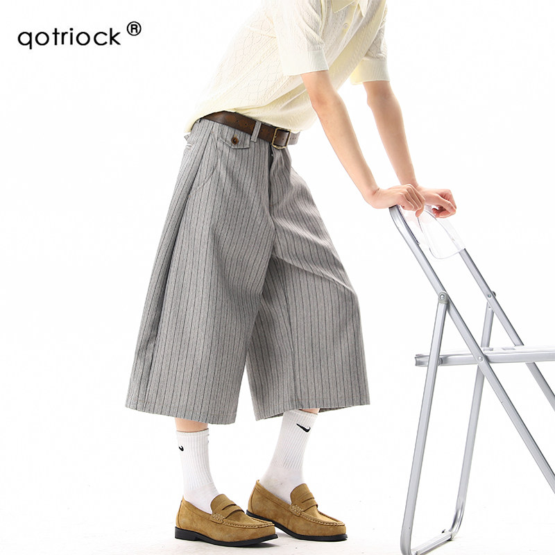 QOTRIOCK老钱风灰色条纹七分西裤图片