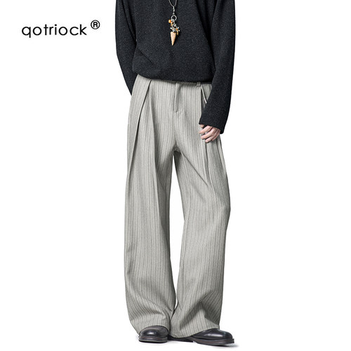 QOTRIOCK老钱风条纹双褶西裤男秋