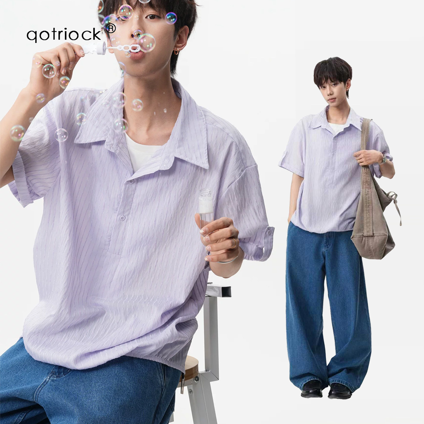 美式肌理感假两件polo衬衫短袖男图片
