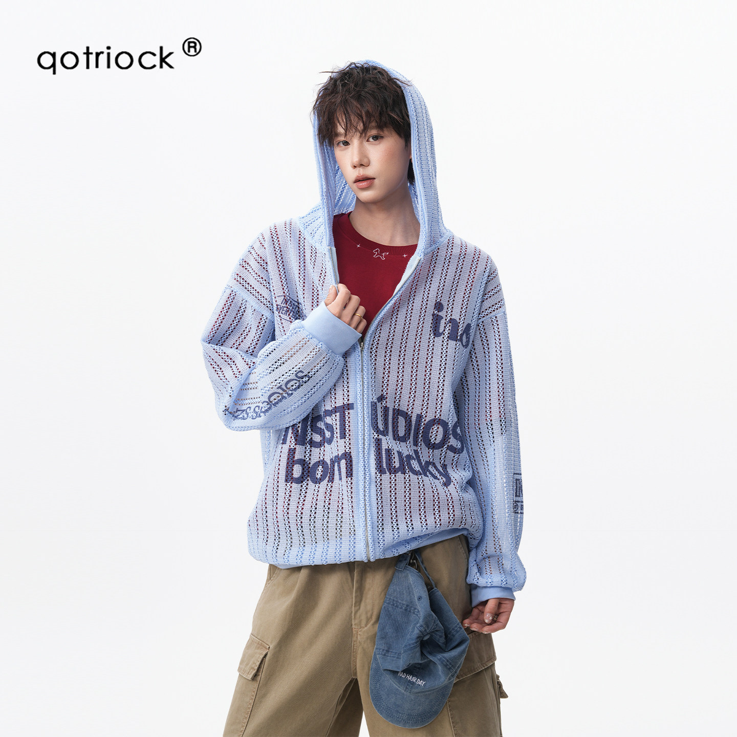 QOTRIOCK美式镂空透气针织连帽男图片