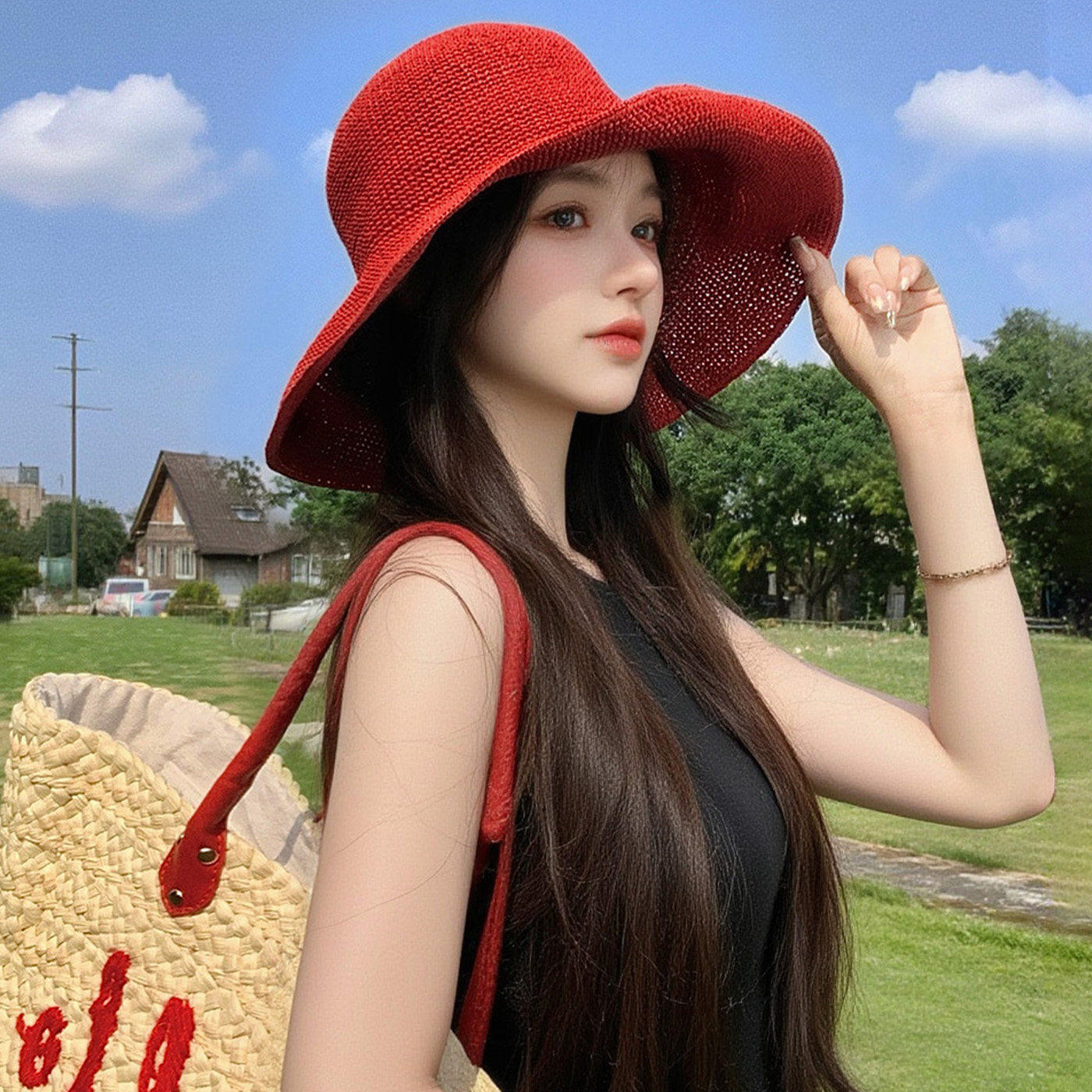 手工细钩针草帽子女夏海边度假可折叠大檐显脸小草编遮阳帽渔夫帽