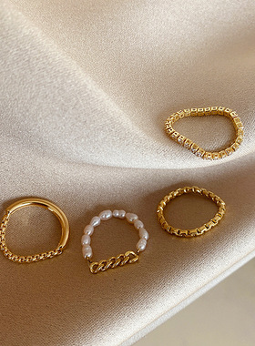 小众设计淡水珍珠锆石链条素圈戒指套装女简约百搭气质指环冷淡风