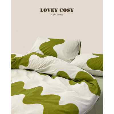 韩国轻奢LOVEY COSY纯棉全棉简约白绿波纹四件套亲肤1.2m床品套件