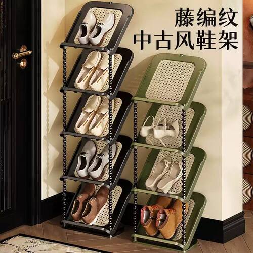 中古风鞋架藤编纹理多层家用门口入户小窄简易客厅鞋柜鞋子收纳架