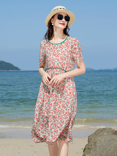 雙縐真絲連衣裙女寬松2024夏新款 桑蠶絲度假碎花裙 高端大牌媽媽裝