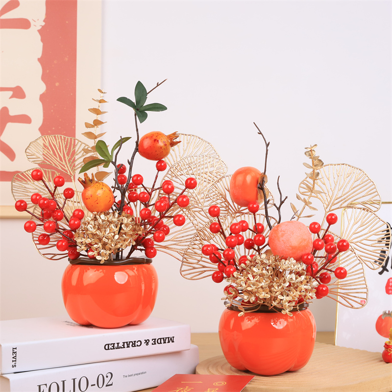 新年发财仿真花束柿子红果装饰摆件福桶创意乔迁礼物家居摆设