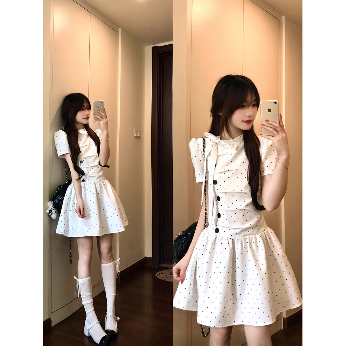 韩系学院风白色波点连衣裙女绝美设计感收腰褶皱少女公主裙子帅气