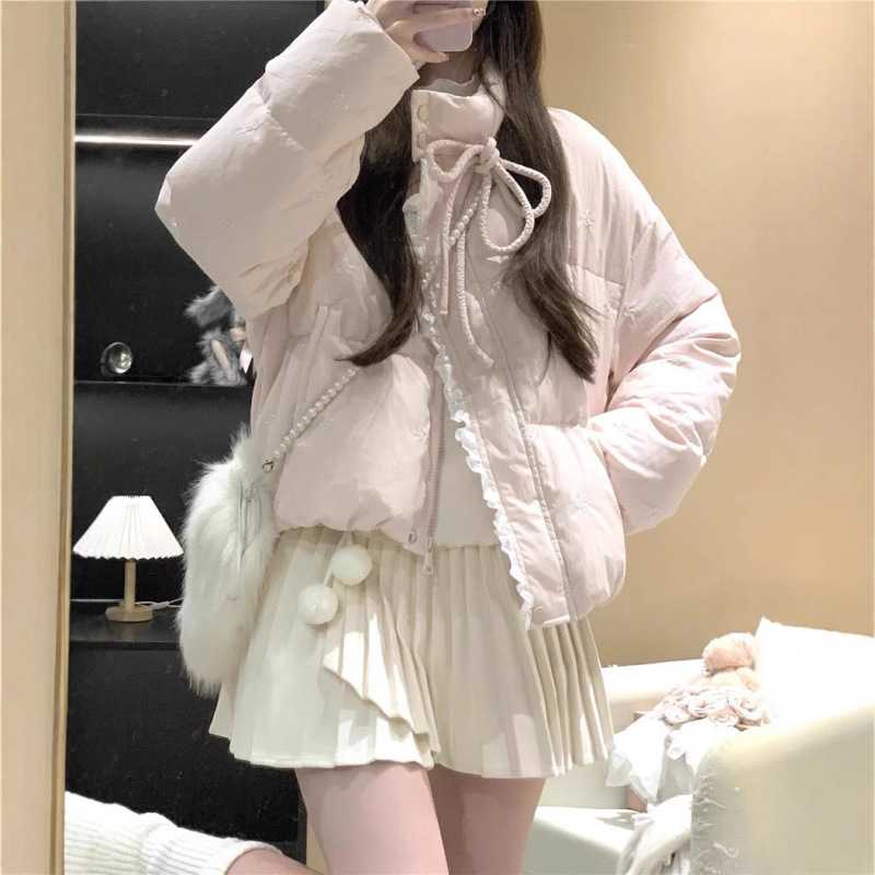 蕾丝拼接羽绒棉服外套女2026年新款冬季韩系高级感粉色蝴蝶结棉衣