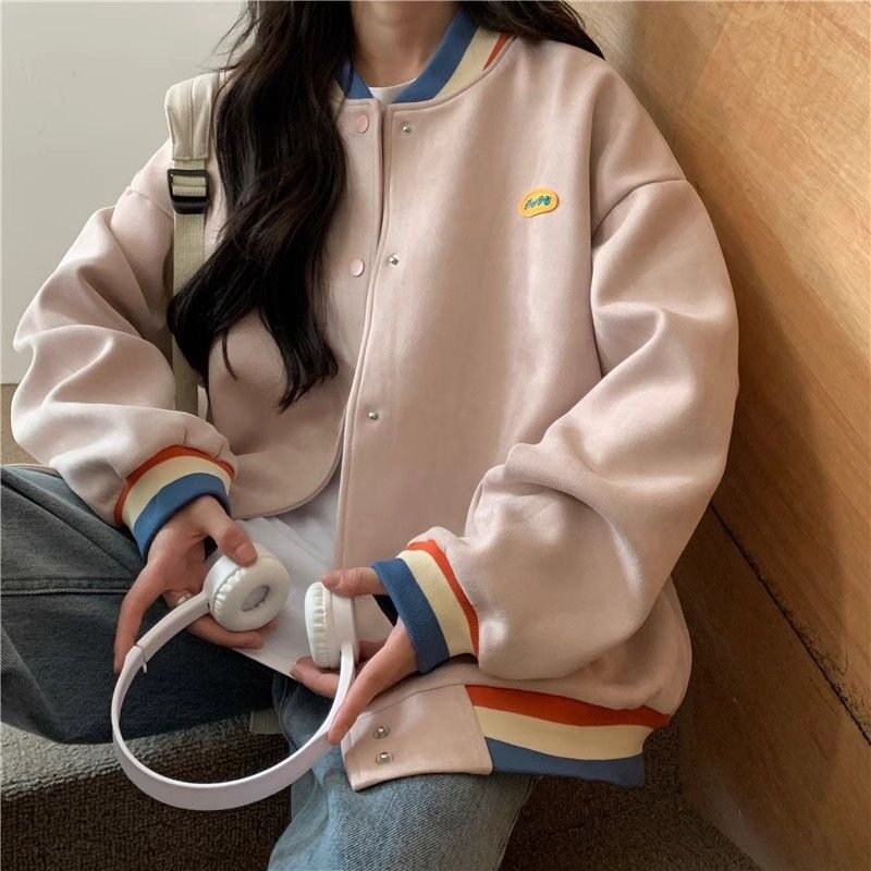 【麂皮绒复合】美式复古长袖棒球服外套女秋季新款女外搭开衫上衣