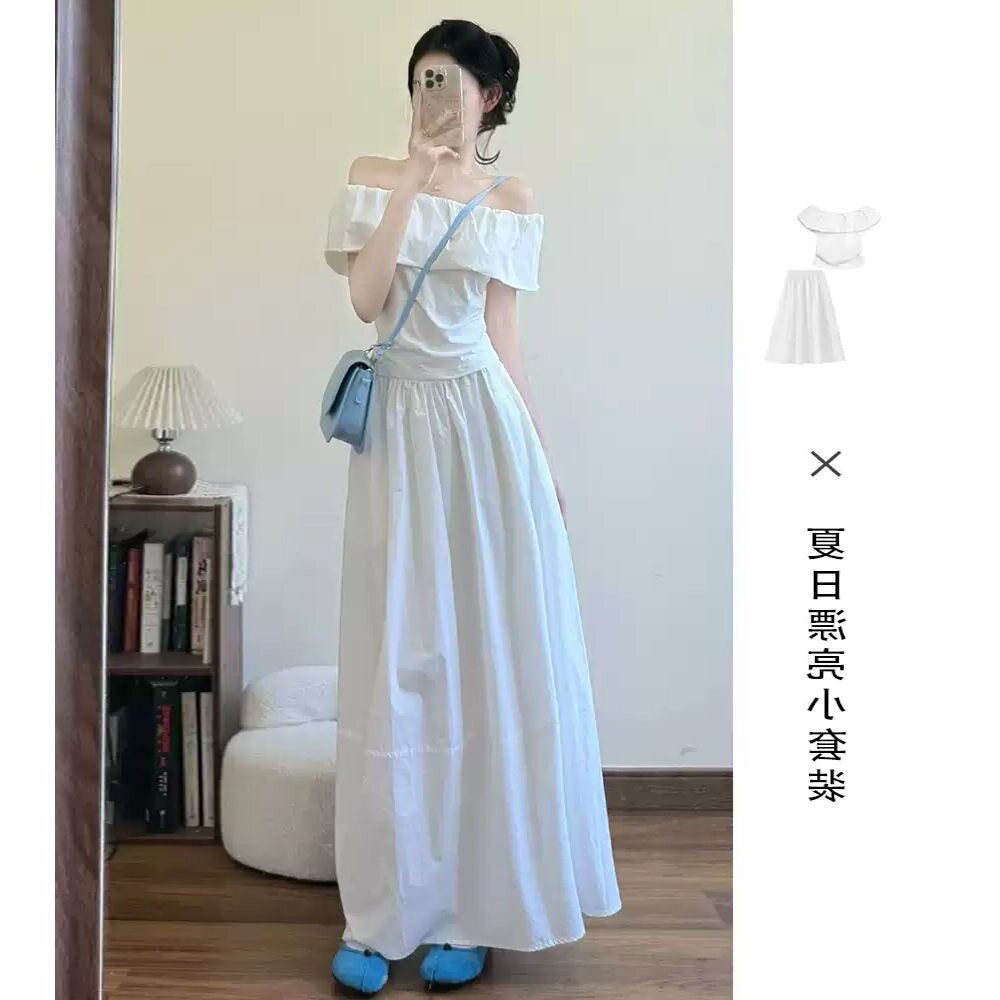 一字肩白色露肩连衣裙子